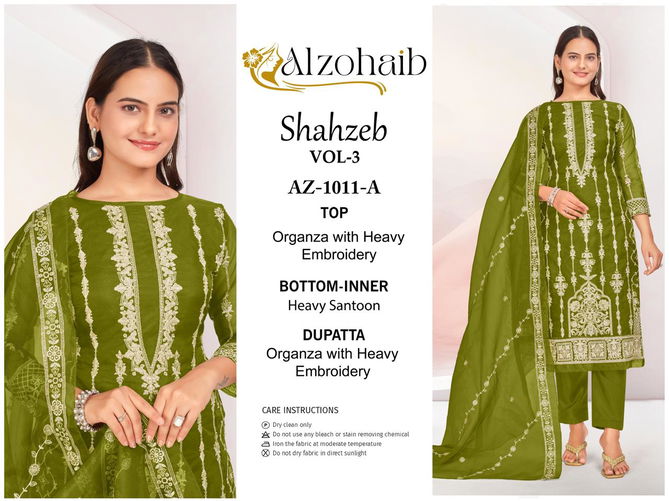 Shahzeb Vol 3 By Alzohaib Organza Embroidery Pakistani Suits Wholesale Shop In Surat
